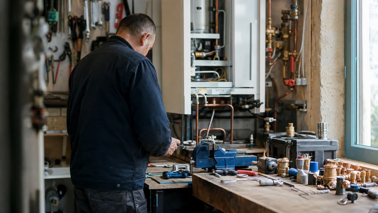 Artisan dans son atelier local, pièces techniques autour de lui